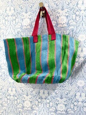 MNG Collection Striped Canvas Tote Bag Green Blue Pink